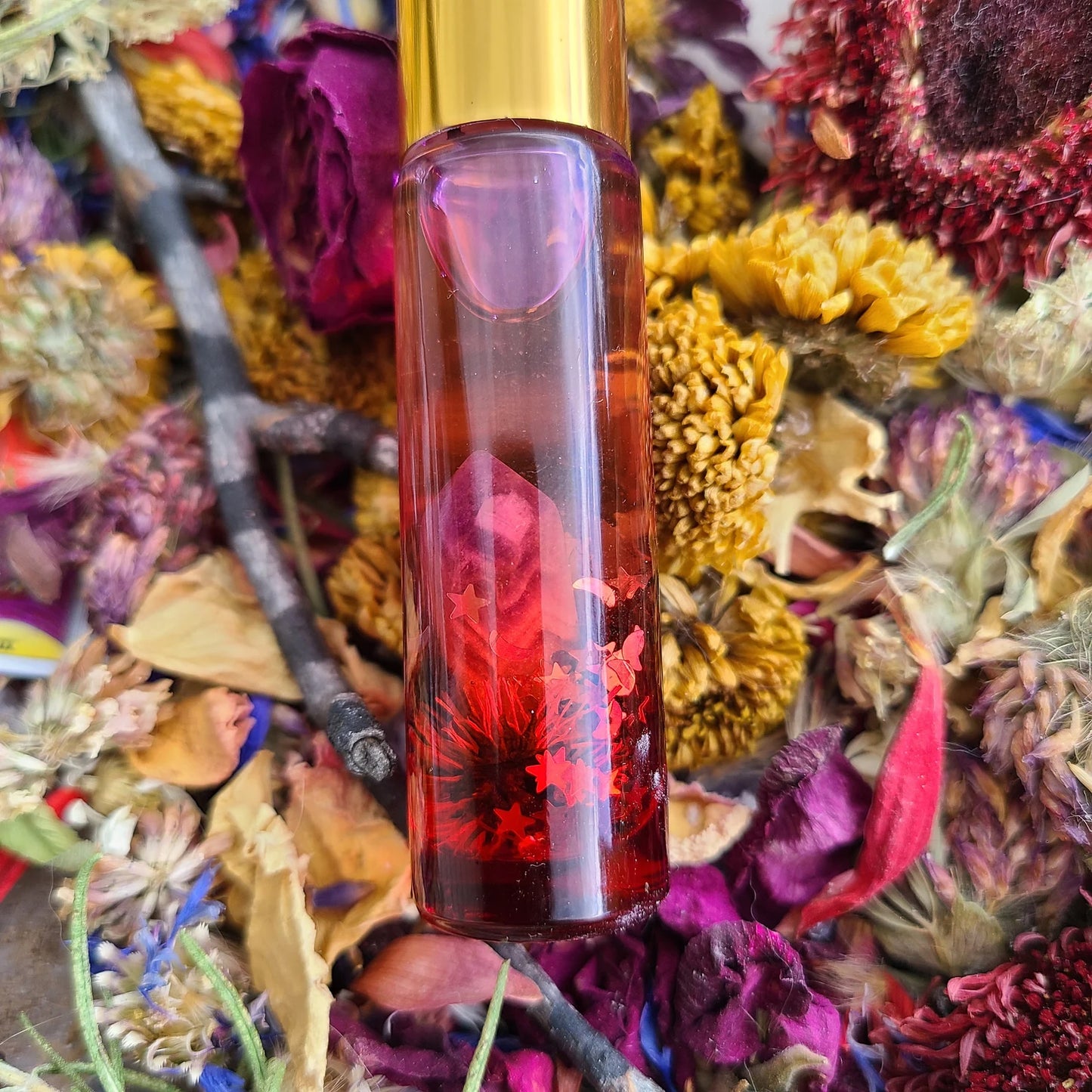 PERSEPHONE Rose Essential Oil with Genuine Amber Resin Amethyst Point Inside