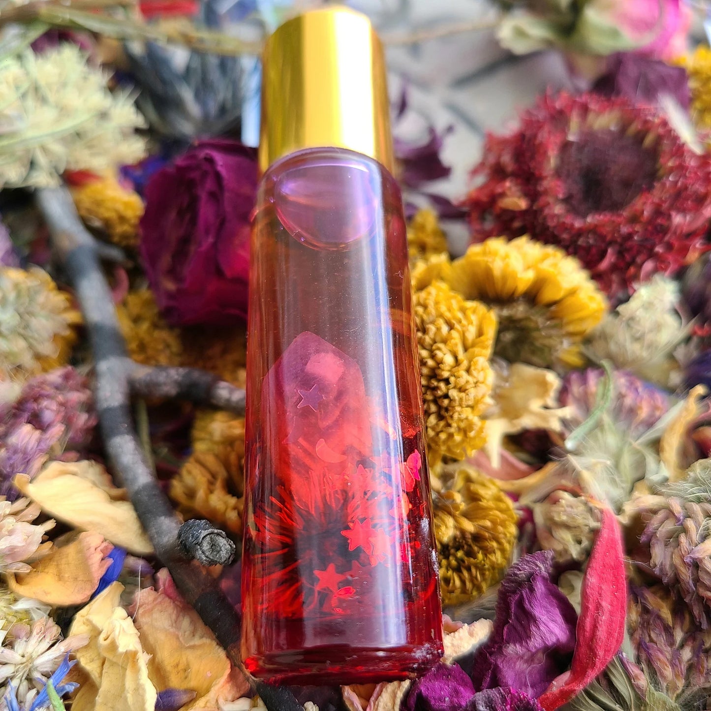 PERSEPHONE Rose Essential Oil with Genuine Amber Resin Amethyst Point Inside