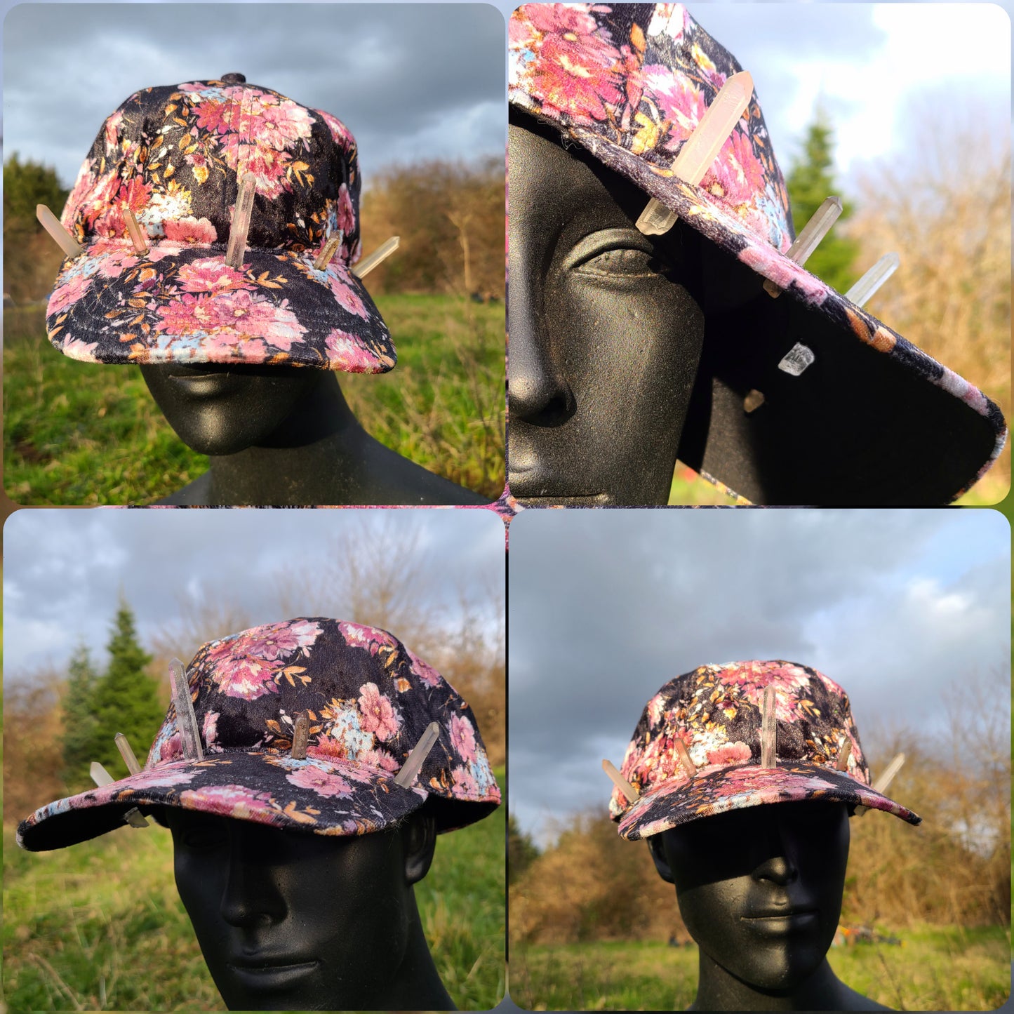 Crystal Crown Floral Print Velvet Hat