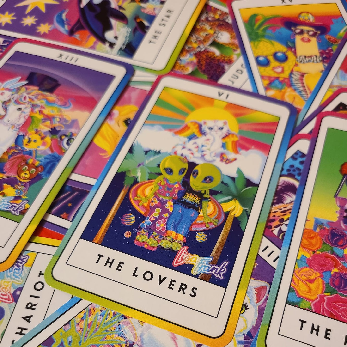 SINGLE CARD Lisa Frank Inspired Tarot Cards in Holographic Major Arcana Deck Kawaii Rainbow Colorful Deck